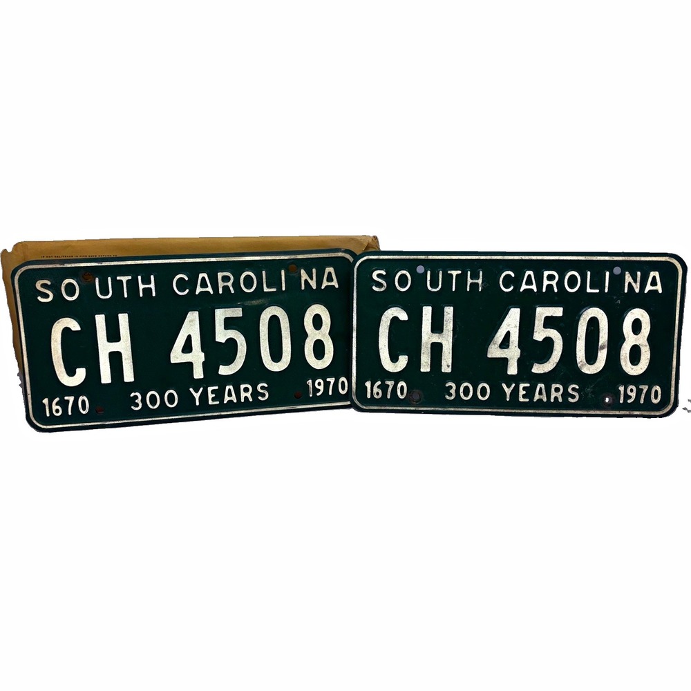 South Carolina License Plate Pair CH 4508 300 Years 1670-1970 w/ Envelope
